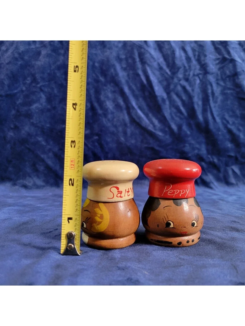 Vintage Salty & Peppy Wooden Chef Salt Pepper Shakers Japan MCM 2.5